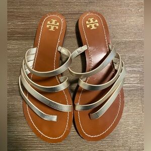Tory Burch Patos Gold Color Leather Strappy sandals on Brown footbed Size 7.5
